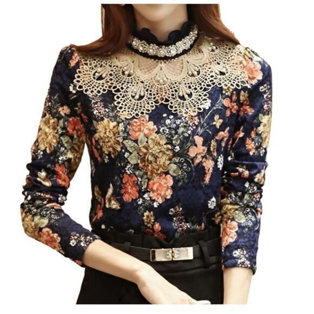 Women's Pearl Crochet Lace Spliced Shirt Stand Collar Long Sleeves Floral Blouse